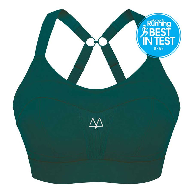 MAAREE Green Solidarity High-Impact Sports Bra, designed for Gym, Fitness and Running. Showing the Best in Test Logo from Womens Running