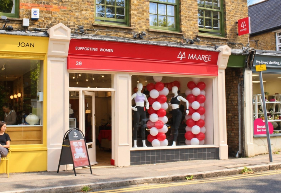Maaree Supporting Women clothing boutique storefront on a street, featuring a red awning with white lettering, mannequins in black outfits inside the window, red and white balloon garlands, and a sidewalk in front.
